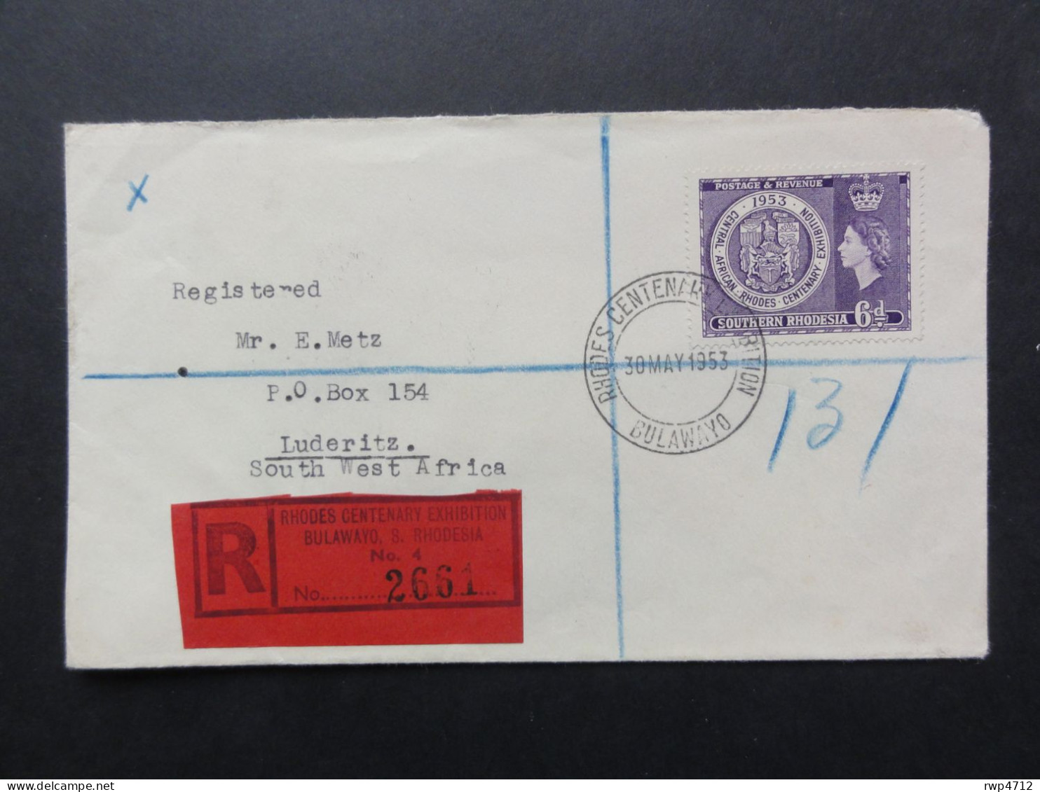 SOUTHERN RHODESIA  R-Brief  Registered Cover Rhodes Centenary Exhibition 1953 - Rhodésie Du Sud (...-1964)