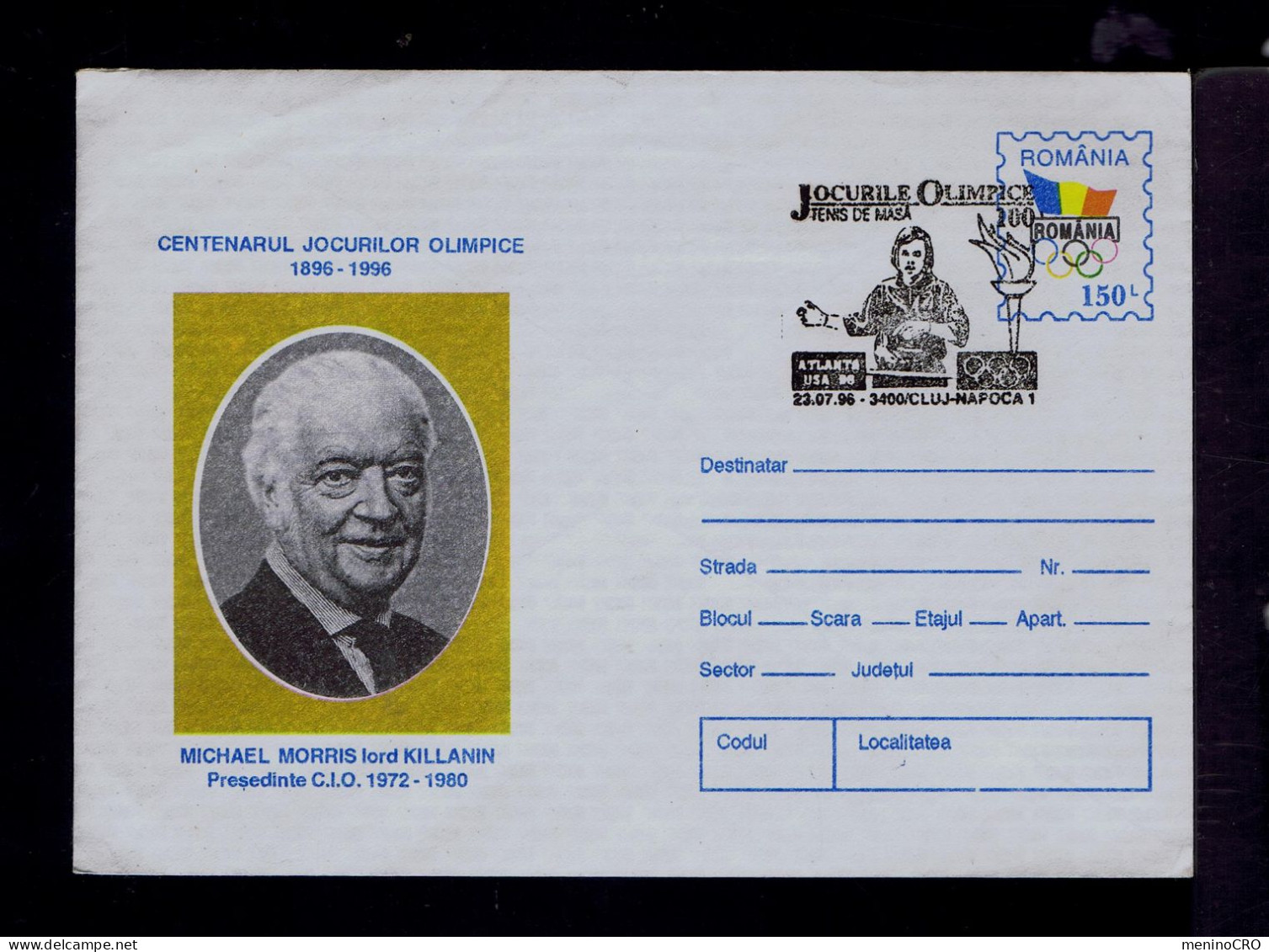Gc8326 ROMANIA "M. MORRIS Lord KILLANIN" Cover Postal Stationery /1896-1996 JUCURILOR OLIMPIC Pres.1972/80 Atlanta USA - Tennis De Table