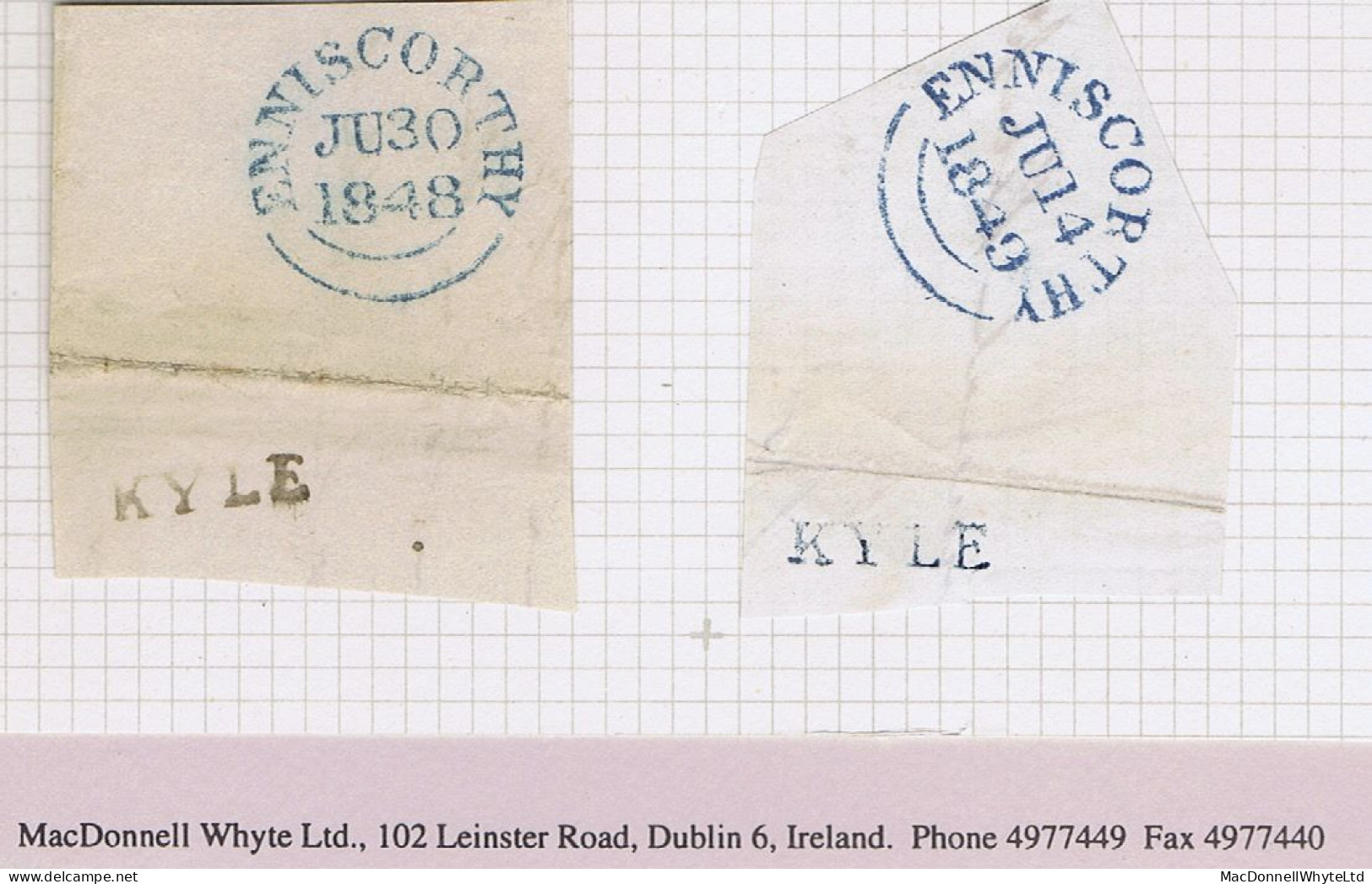 Ireland Wexford 1848 And 1849 Pieces With Type 1A Linear KYLE In Black And In Blue, ENNISCORTHY Cds - Préphilatélie