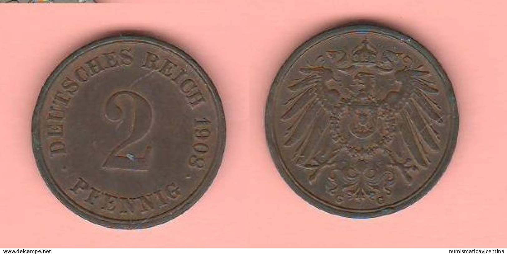 Germania 2 Pfenning 1908 G Karlsruhe Mint Germany Allemagne - 2 Pfennig