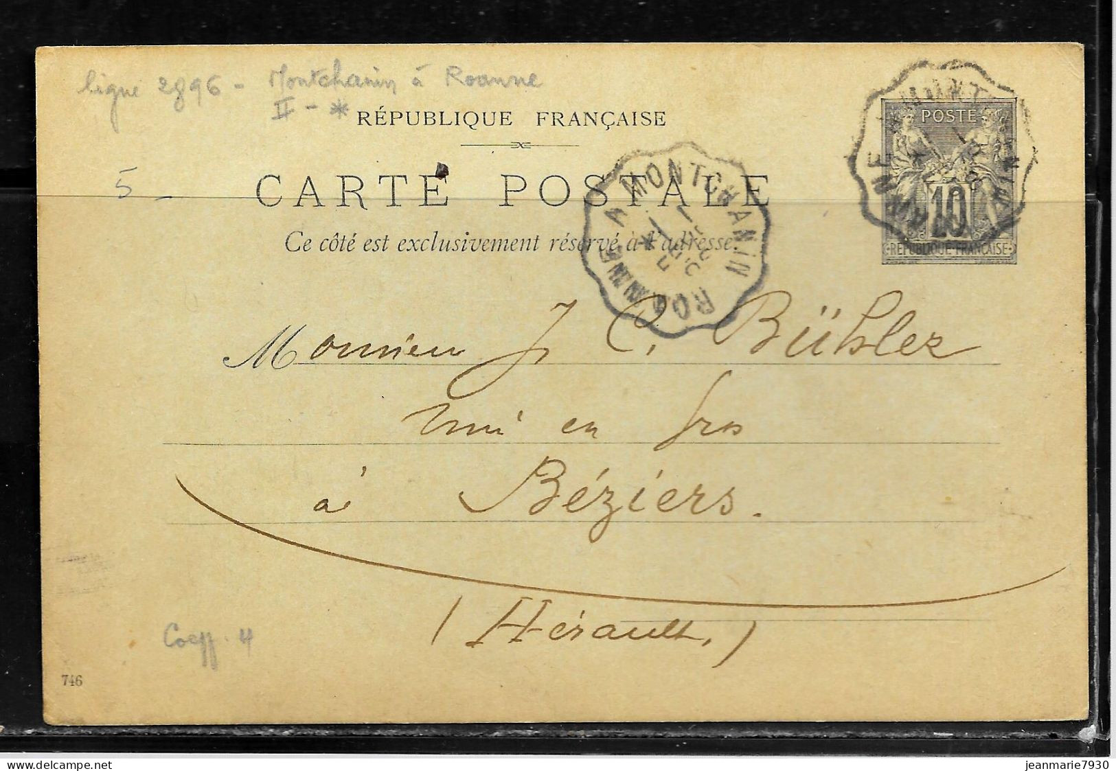 1E71 - ENTIER SAGE SUR CP OBLITEREE CONVOYEUR DE ROANNE A MONTCHANIN DU 01/02/1898 - Enveloppes Repiquages (avant 1995)