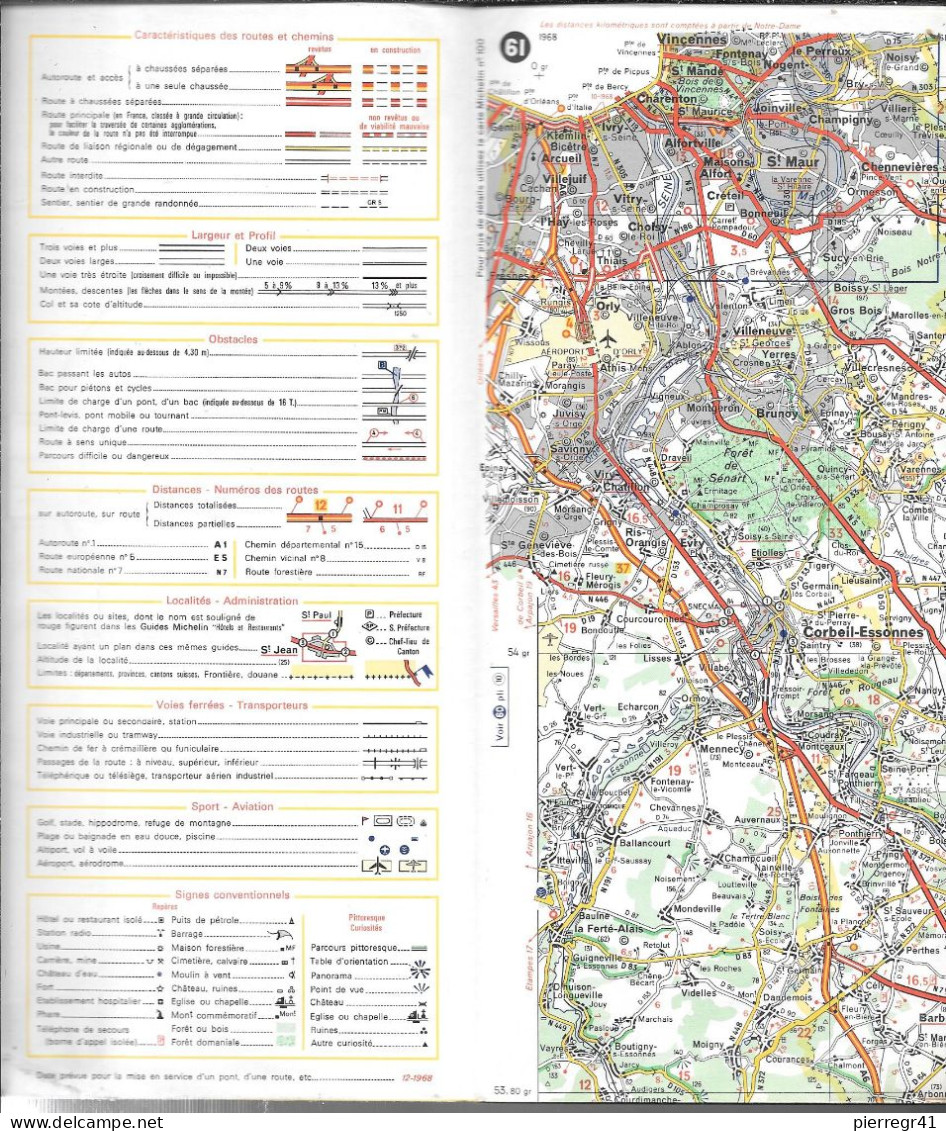 CARTE-ROUTIERE-MICHELIN-1968-N°61-PARIS-CHAUMONT-PAS DECHIREE-TBE - Roadmaps