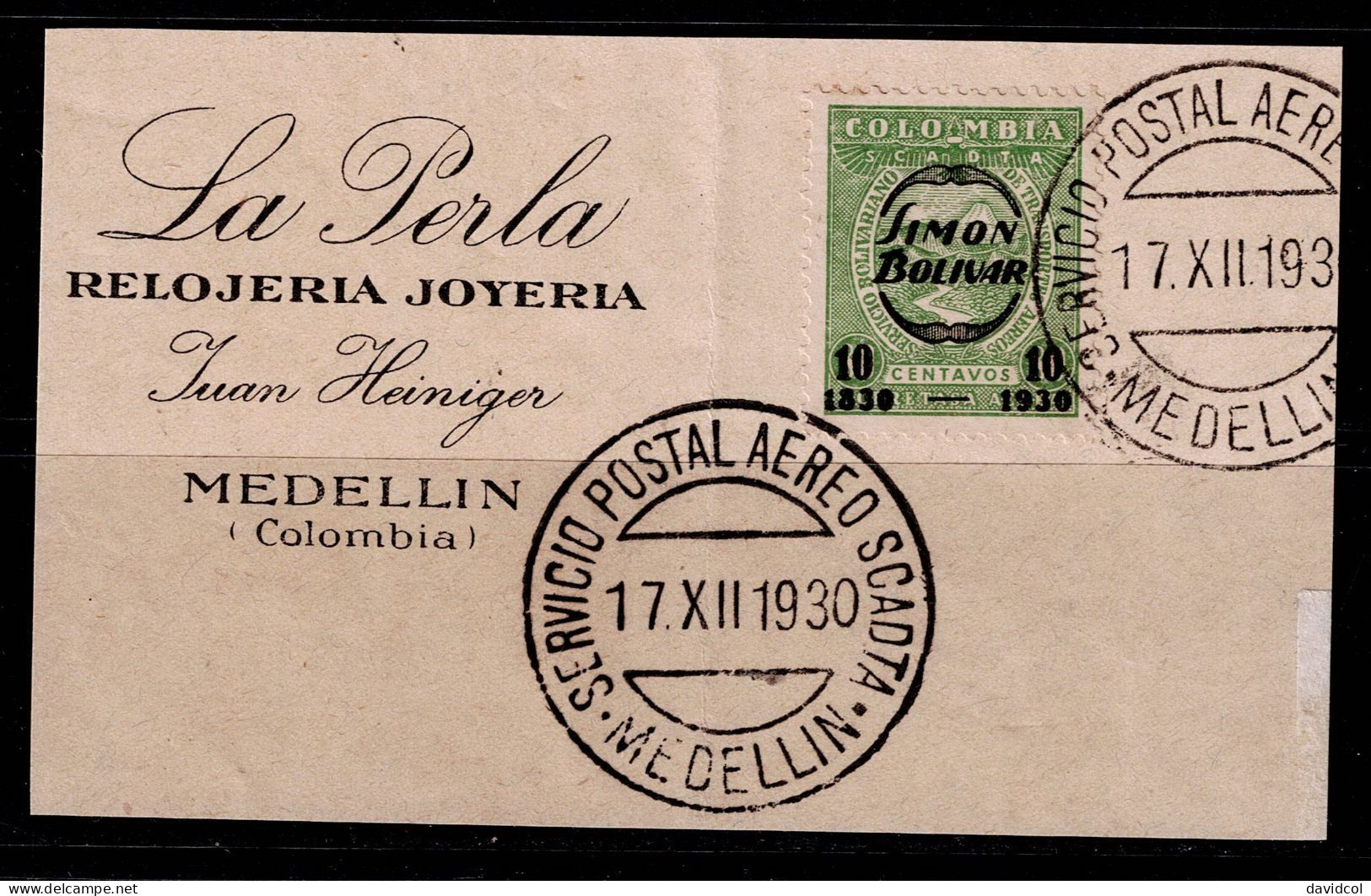 0159A-KOLUMBIEN - 1930 - SCADTA MI#:61- USED ON PIECE- FIRST DAY CANCEL - Colombia