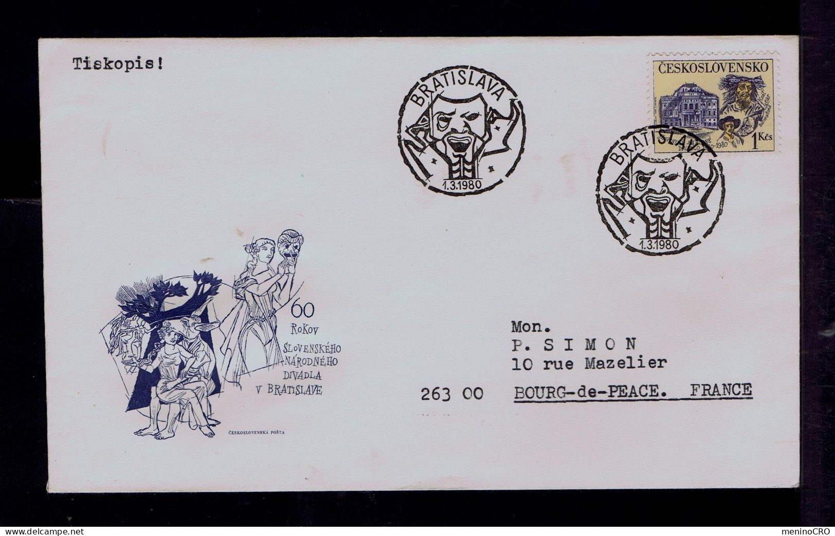 Gc8330 CSSR Masks Theatre "60 Years Of The Slovak National Theater In Bratislava" Mailed Bourg-de-Peace - Theatre