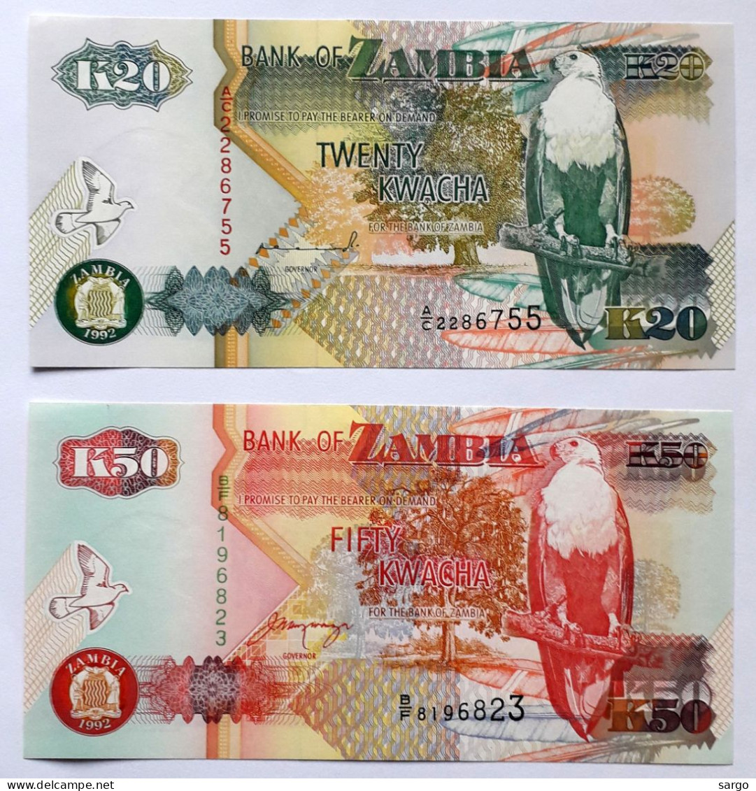 ZAMBIA - 20,50 KWACHA - P 36, P 37 (1992)  - UNC - PCS 2 - BANKNOTES - PAPER MONEY - CARTAMONETA - - Sambia