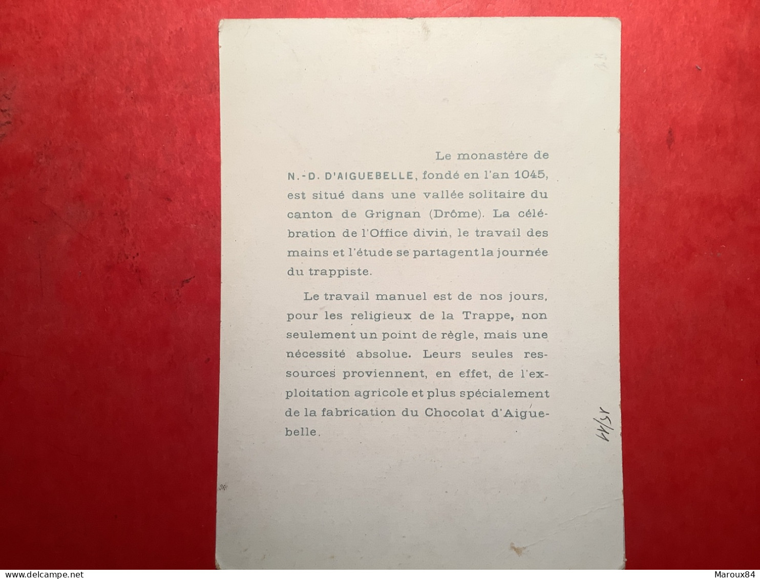Fiche Illustree 15/11 édite Par La Chocolaterie D’aiguebelle Monastère De La Trappe Drôme. - Barche