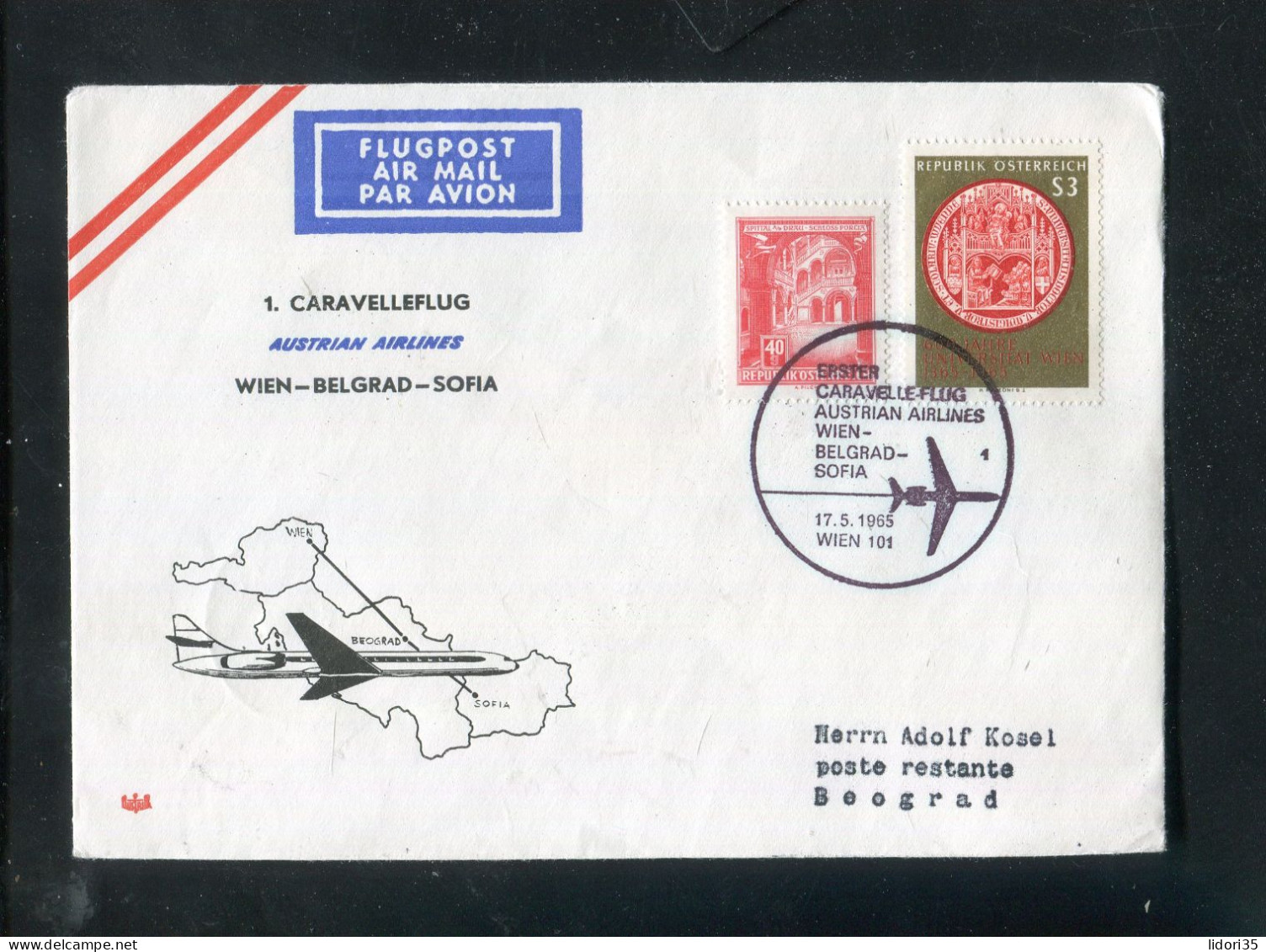 "OESTERREICH" 1965, AUA-Caravelle-Erstflugbrief "Wien-Belgrad" (70041) - Erst- U. Sonderflugbriefe