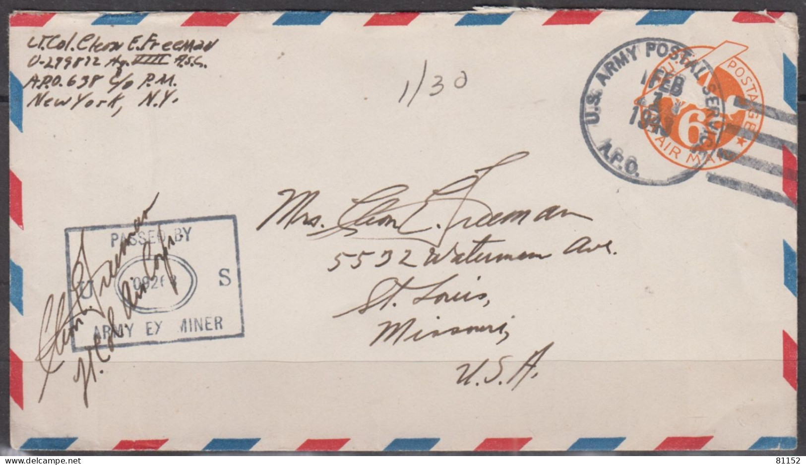 Militaria U.S.A .  Lettre De NEW YORK  D'un Colonel  1943 Avec ENTIER 6c Pour ST LOUIS Et Cachet " EXAMINER " - 1941-60