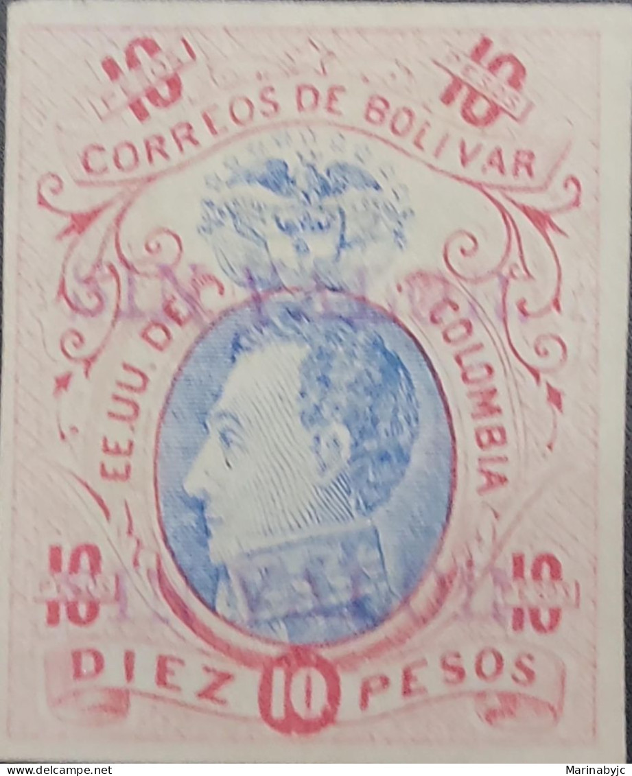 P) 1882 COLOMBIA, SIMON BOLIVAR PROOF, 10 PESOS, BLUE AND RED, INDIA PAPER, XF - Colombia