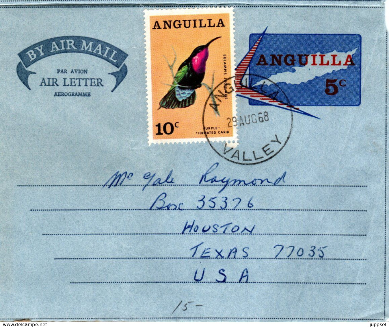 ANGUILLA, Aerogram,  Hummingbird    /   L'aérogramme, Oiseau, Kolibri  1968 - Kolibries