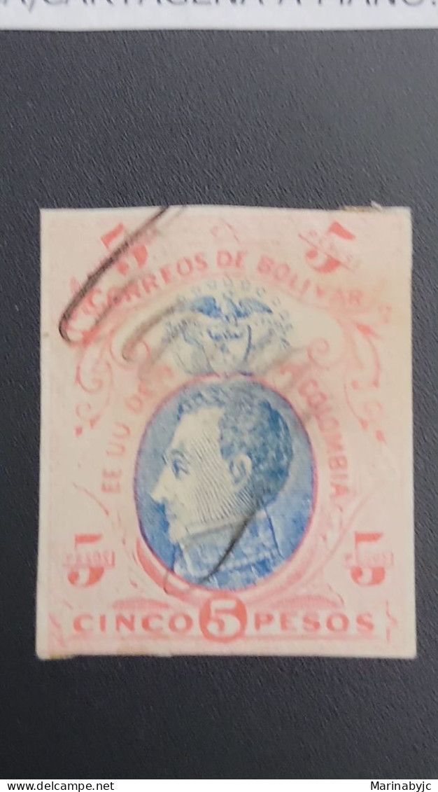 P) 1882 COLOMBIA, SIMON BOLIVAR PROOF, 5 PESOS, BLUE AND RED, CARTAGENA BY HAND, XF - Colombia