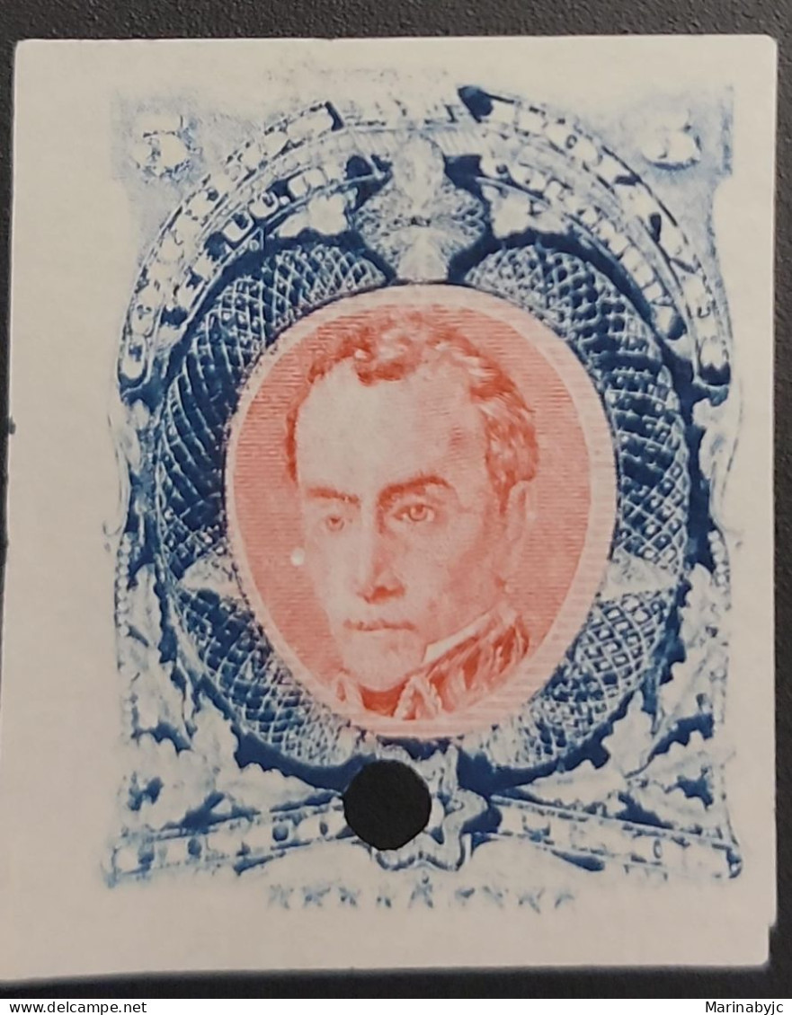 P) 1882 COLOMBIA, SIMON BOLIVAR PROOF, 5 PESOS, BLUE AND PINK, XF - Colombia