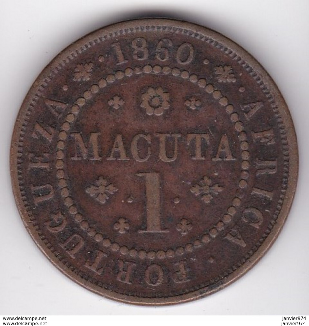 Colonie Portugaise, Angola, 1 Macuta 1860. Pedro V. En Cuivre, KM# 59  - Angola