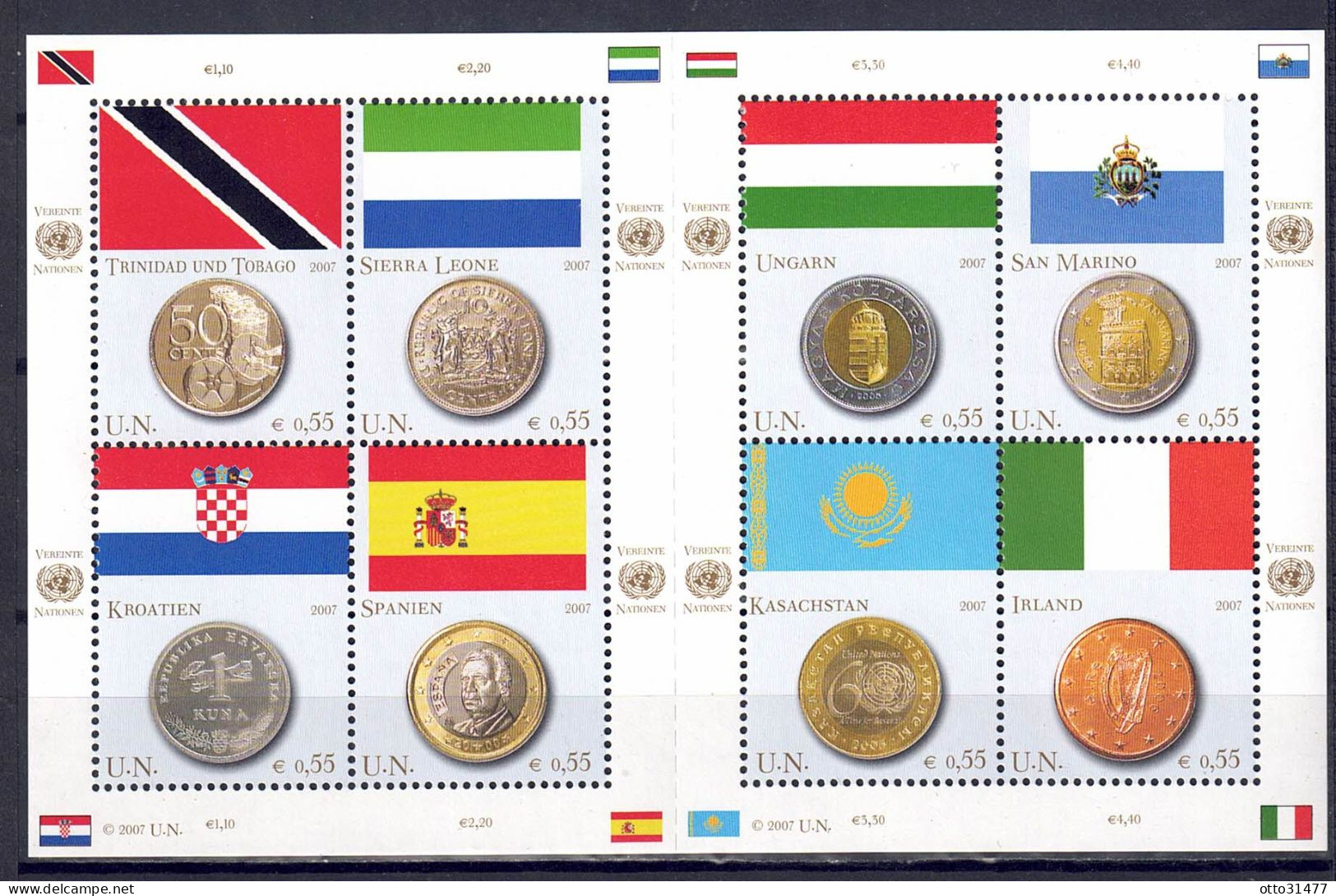 UNO Wien 2007 - Flaggen Und Münzen, Nr. 489 - 496 Im Klb., Postfrisch ** / MNH - Ungebraucht