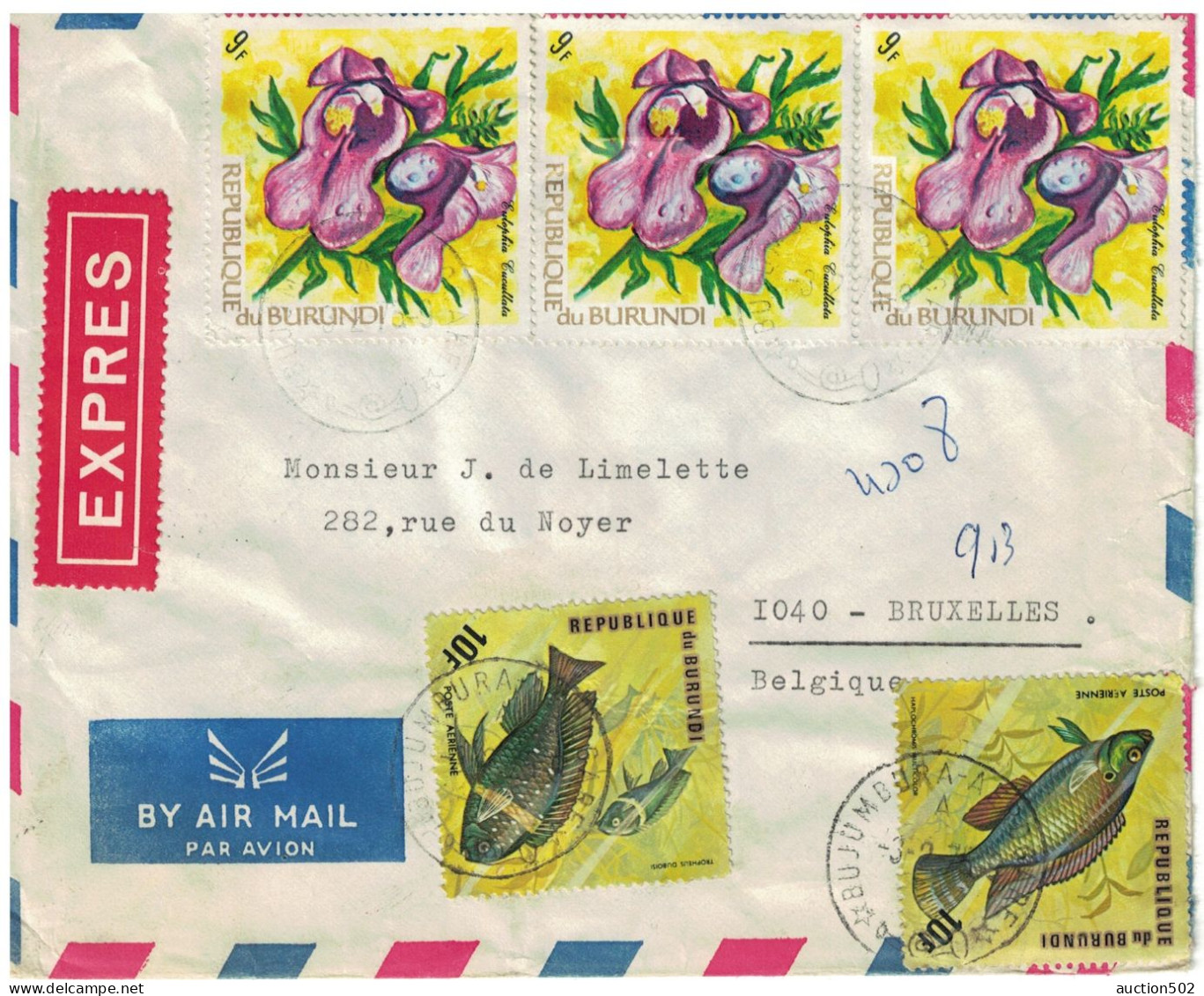 Burundi Lettre Avion Exprès Obl. Bujumbura 1975 > Bruxelles TP Fleurs - Flowers / Poissons Fishes - Brieven En Documenten