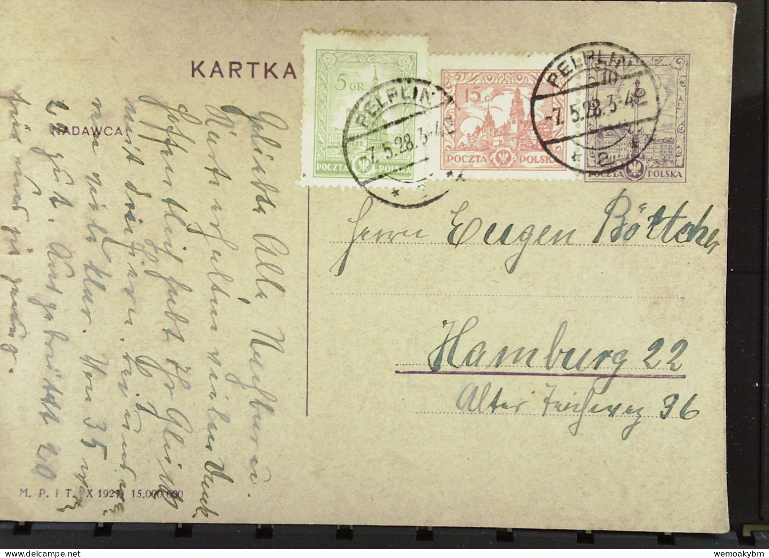 Polen: Postkarte Mit POLSKA. 5, 15 Und 10 Gr  MiF Aus PELPLIN Vom 7.5.1928 Nach Hamburg - Brieven En Documenten