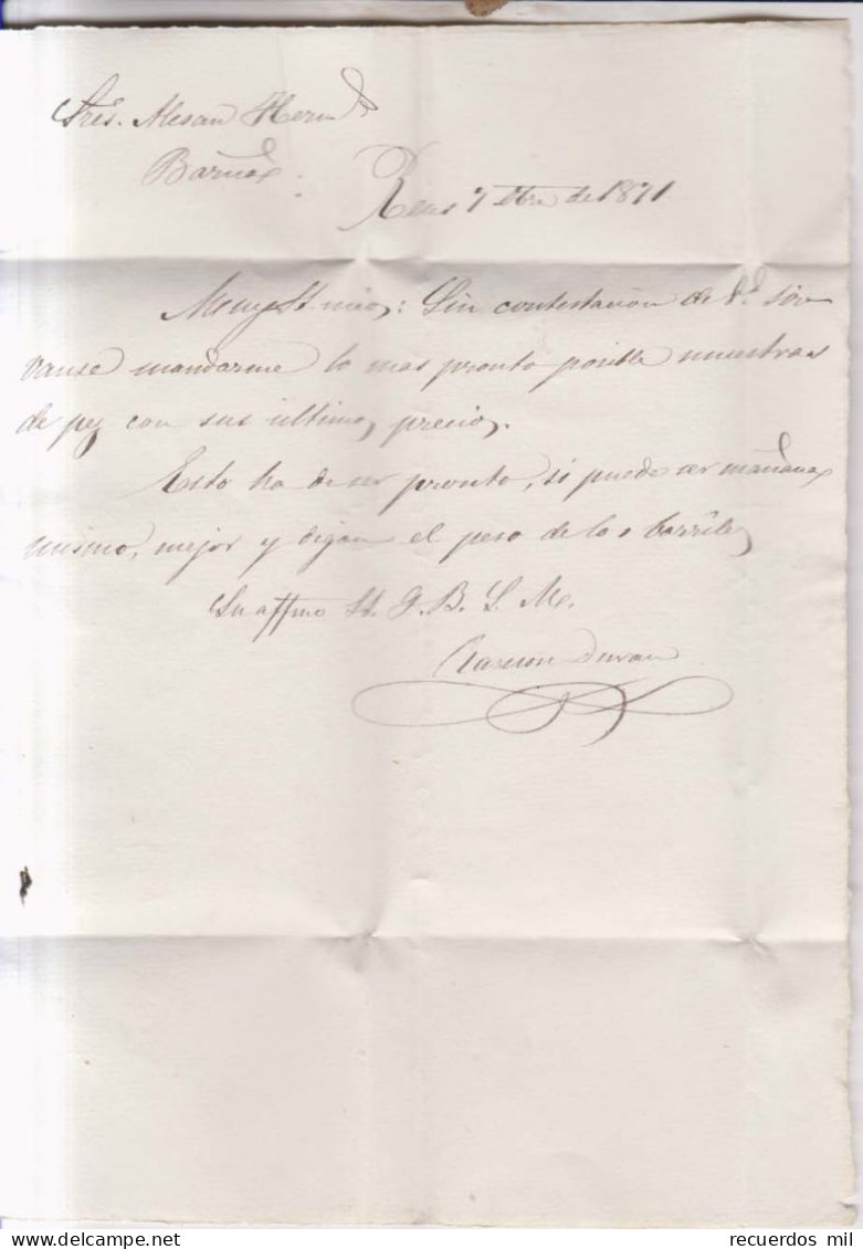 Año 1870 Edifil 107 Carta Matasellos Rombo Reus Tarragona Ramon Duran - Brieven En Documenten