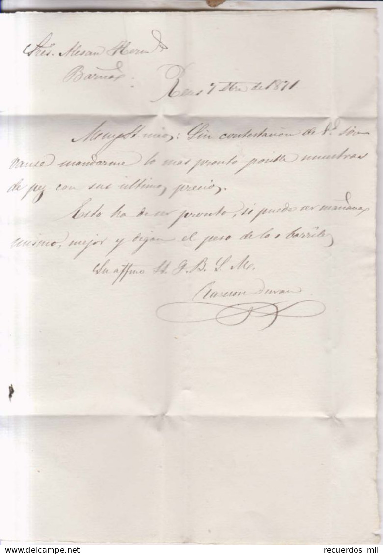 Año 1870 Edifil 107 Carta Matasellos Rombo Reus Tarragona Ramon Duran - Storia Postale