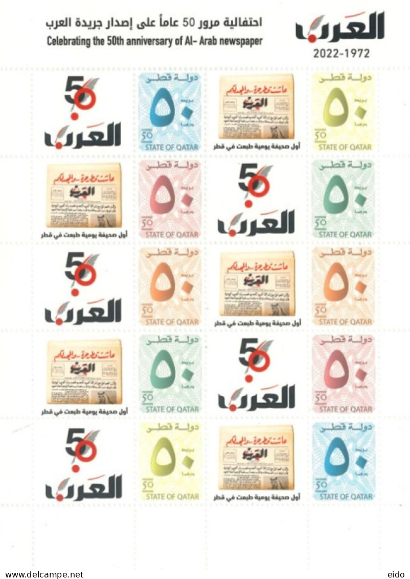 QATAR  -  2022, MINIATURE STAMPS SHEET OF CELEBRATING THE 50th ANNIV OF AL - ARAB NEWSPAPER, UMM (**). - Qatar