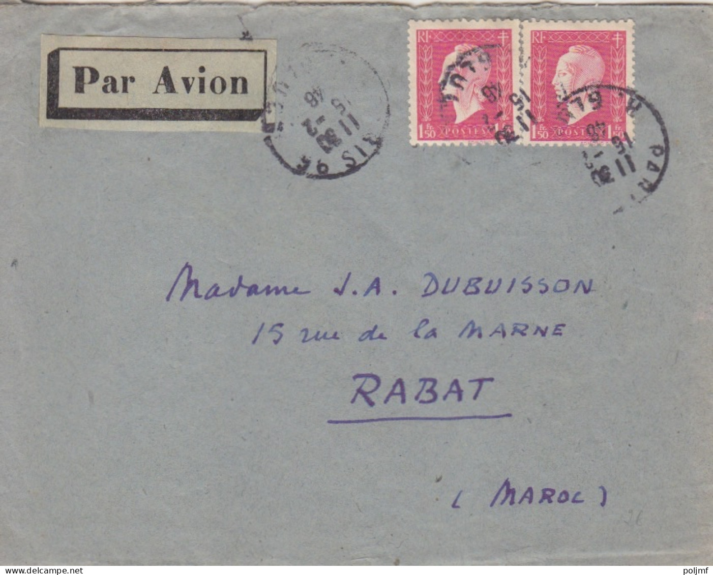 Lettre Par Avion Obl. Paris 95 Le 15/2/46 Sur 1f50 X 2 Dulac N° 692 (tarif Du 1/1/46) Pour Rabat - 1944-45 Marianne Of Dulac