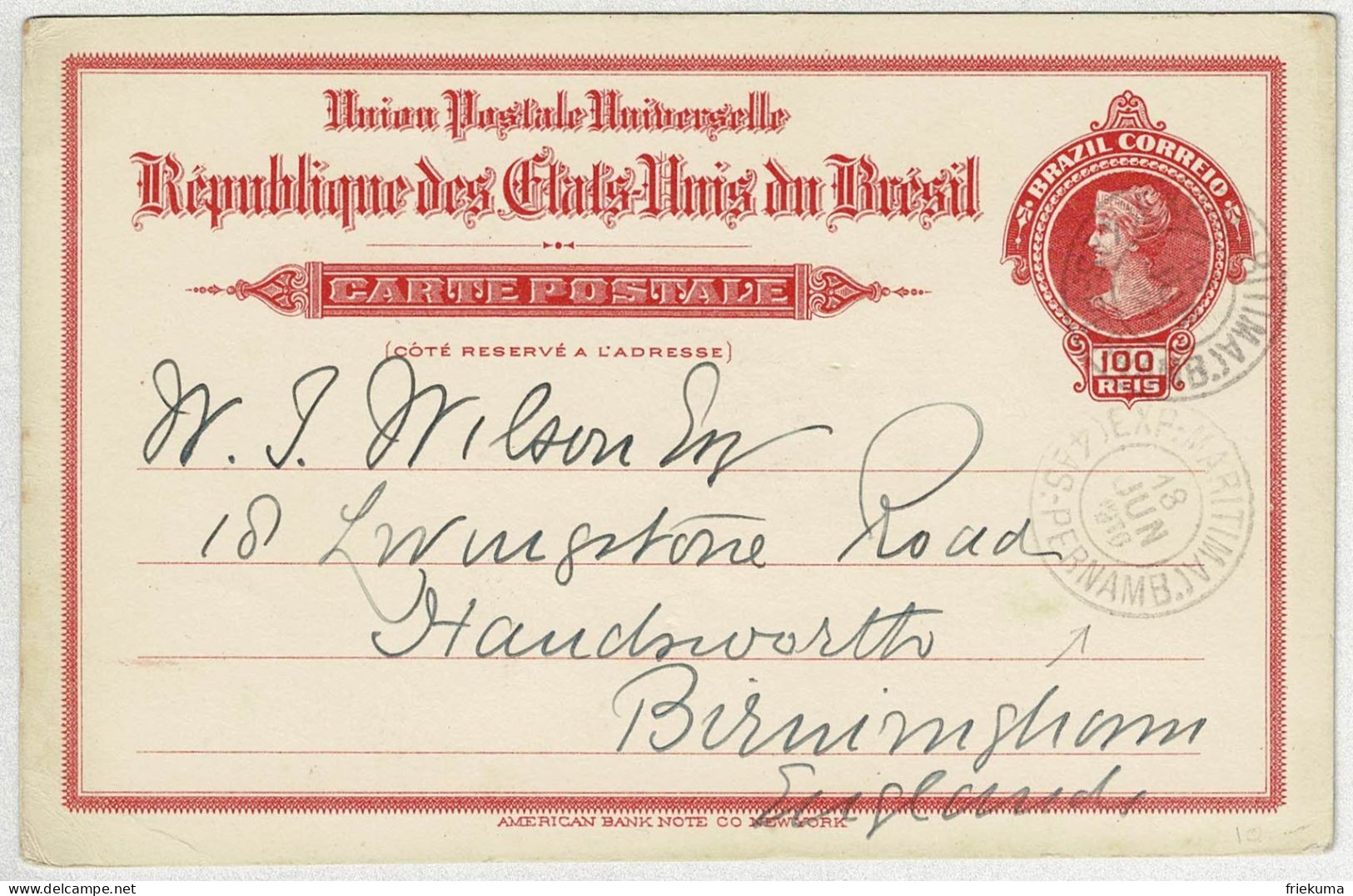 Brasilien / Brasil 1910, Bilhete Postal Exp. Maritima Pernambuco - Birmingham (England) - Entiers Postaux