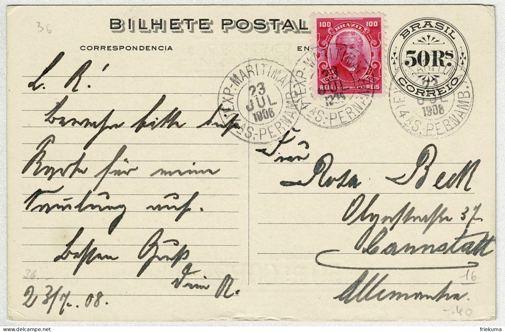 Brasilien / Brasil 1908, Bilhete Postal Exp. Maritima Pernambuco - Cannstadt (Deutschland), Abertura Dos Portos - Ganzsachen