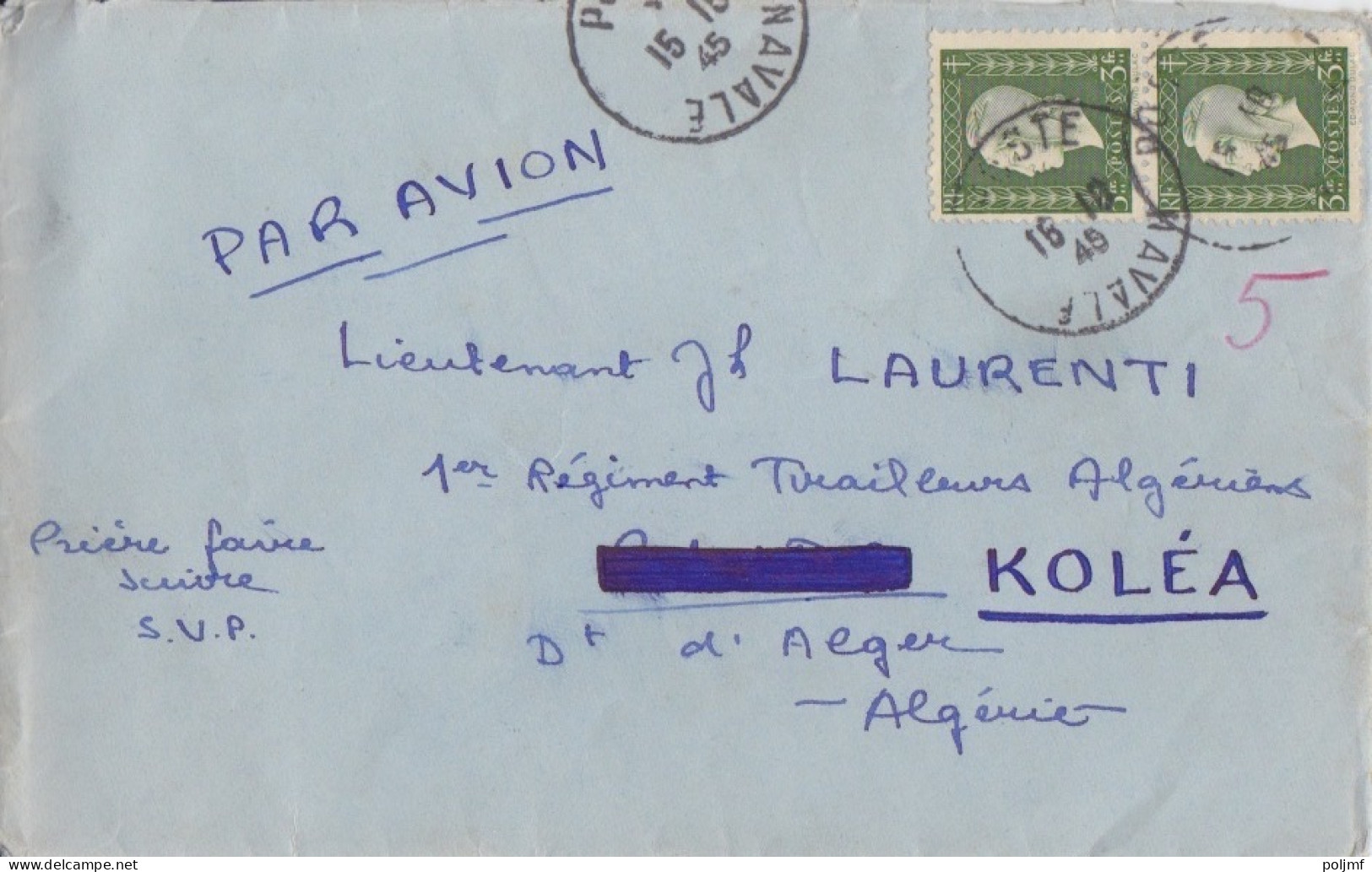 Lettre Par Avion Obl. Poste Navale Le 16/10/45 Sur 3f X 2 Dulac N° 694 (tarif Du 1/3/45) Pour Koléa - 1944-45 Marianne Of Dulac