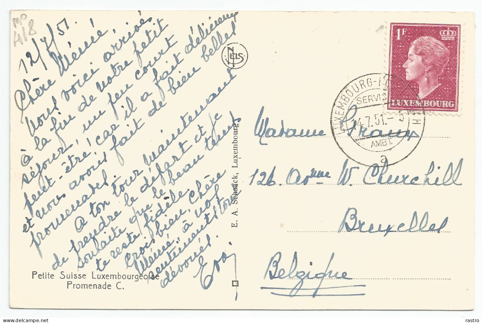 N° 418 (1F Lie-de-vin) Sur Carte-vue De Luxembourg à Bruxelles (1951, O  "ambulant") - 1948-58 Charlotte Left-hand Side