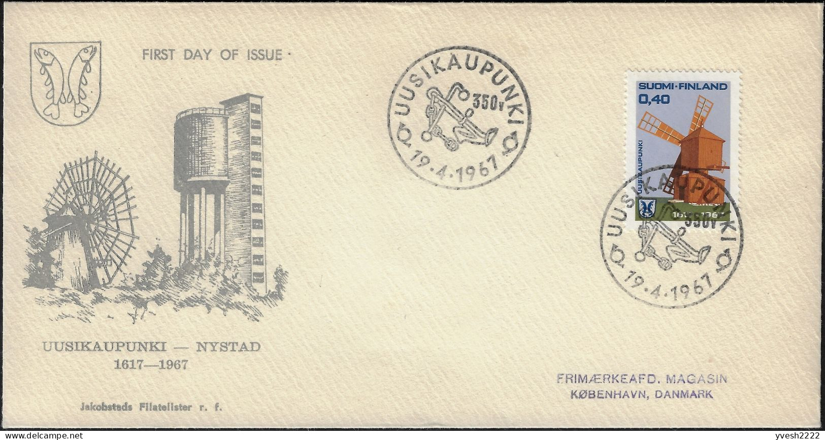 Finlande 1967 Y&T 592 Sur FDC. Uusikaupunki, Moulin - Molens