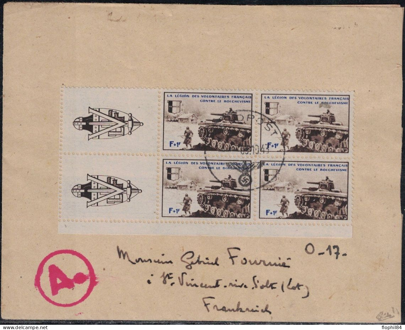 LEGION DES VOLONTAIRES FRANCAIS - L.V.F. - LETTRE AYANT CIRCULEE - BLOC DE 4 DU N°8 - AVEC CORRESPONDANCE DE RUSSIE LE - War Stamps