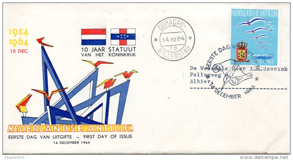 ANTILLES NEERLANDAISES. N°337 De 1964 Sur Enveloppe 1er Jour (FDC). Dominion/Armoiries. - Buste