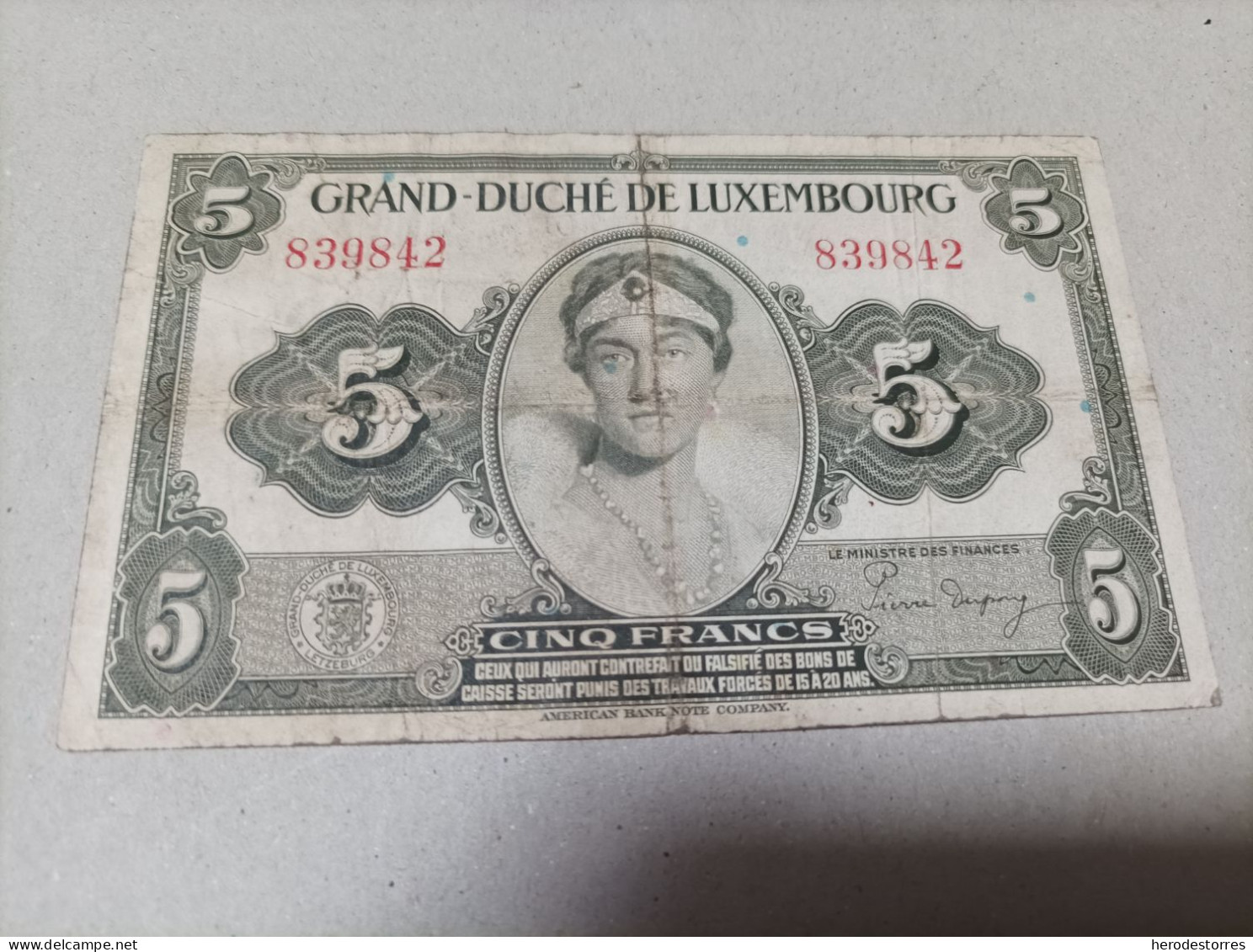 Billete De Luxemburgo De 5 Francos, Año 1944 - Luxemburgo