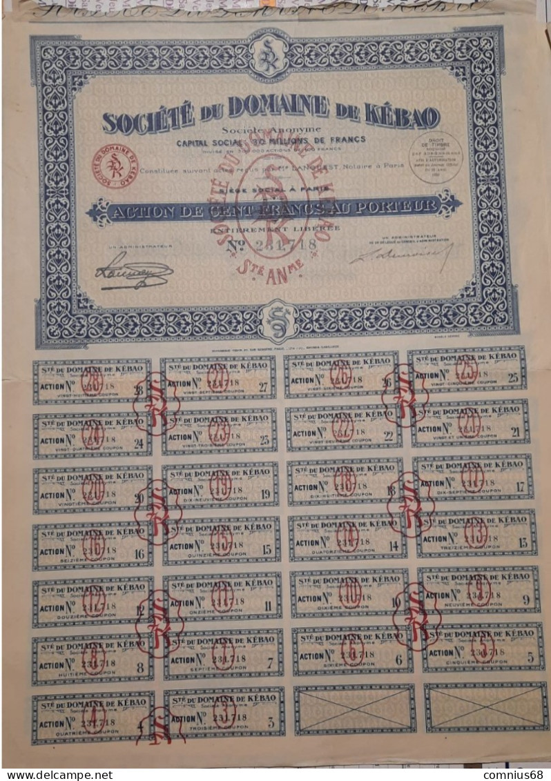 Action 100 Francs - Société Du Domaine De Kébao - J - L