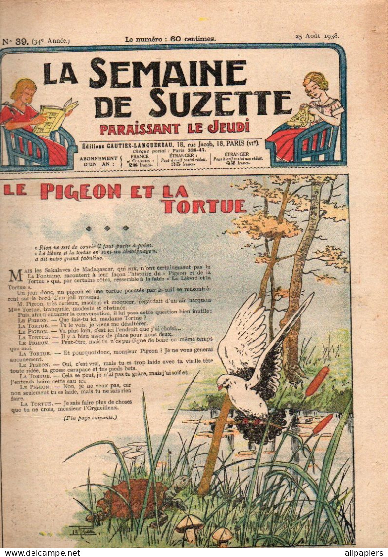 La Semaine De Suzette N°39 Le Pigeon Et La Tortue - Suzette Apprend à Tricoter - Jeu La Course Aux Galets De 1938 - La Semaine De Suzette