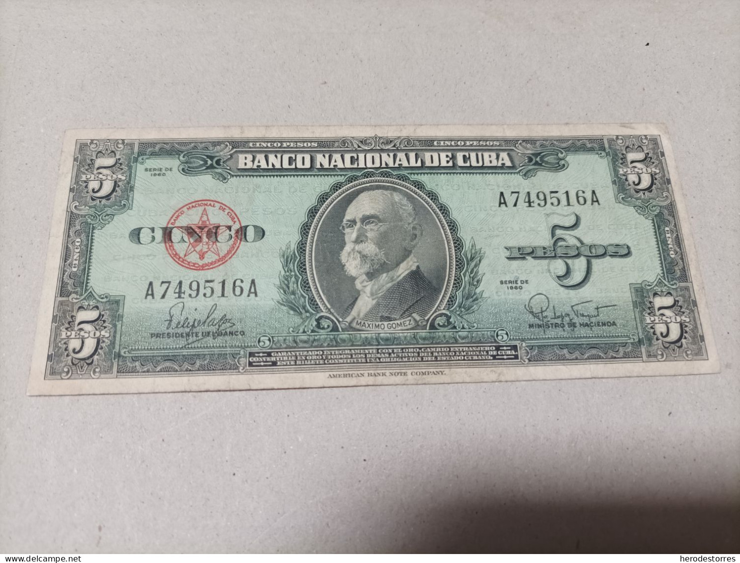 Billete De Cuba De 5 Pesos, Año 1960, Serie AA - Cuba