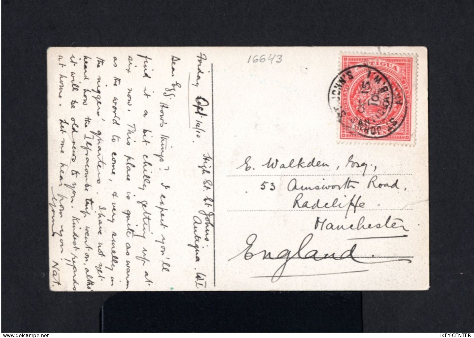 16643-ANTIGUA-.OLD POSTCARD ST.JOHN'S To MANCHESTER (england) 1910.Carte Postale.POSTKARTE.British ANTIGUA. - 1858-1960 Kronenkolonie