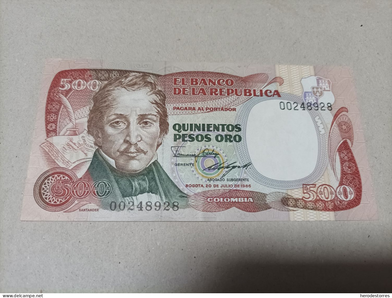 Billete De Colombia De 500 Pesos Oro, Año 1986, Nº Bajisimo 00248928 - Colombie