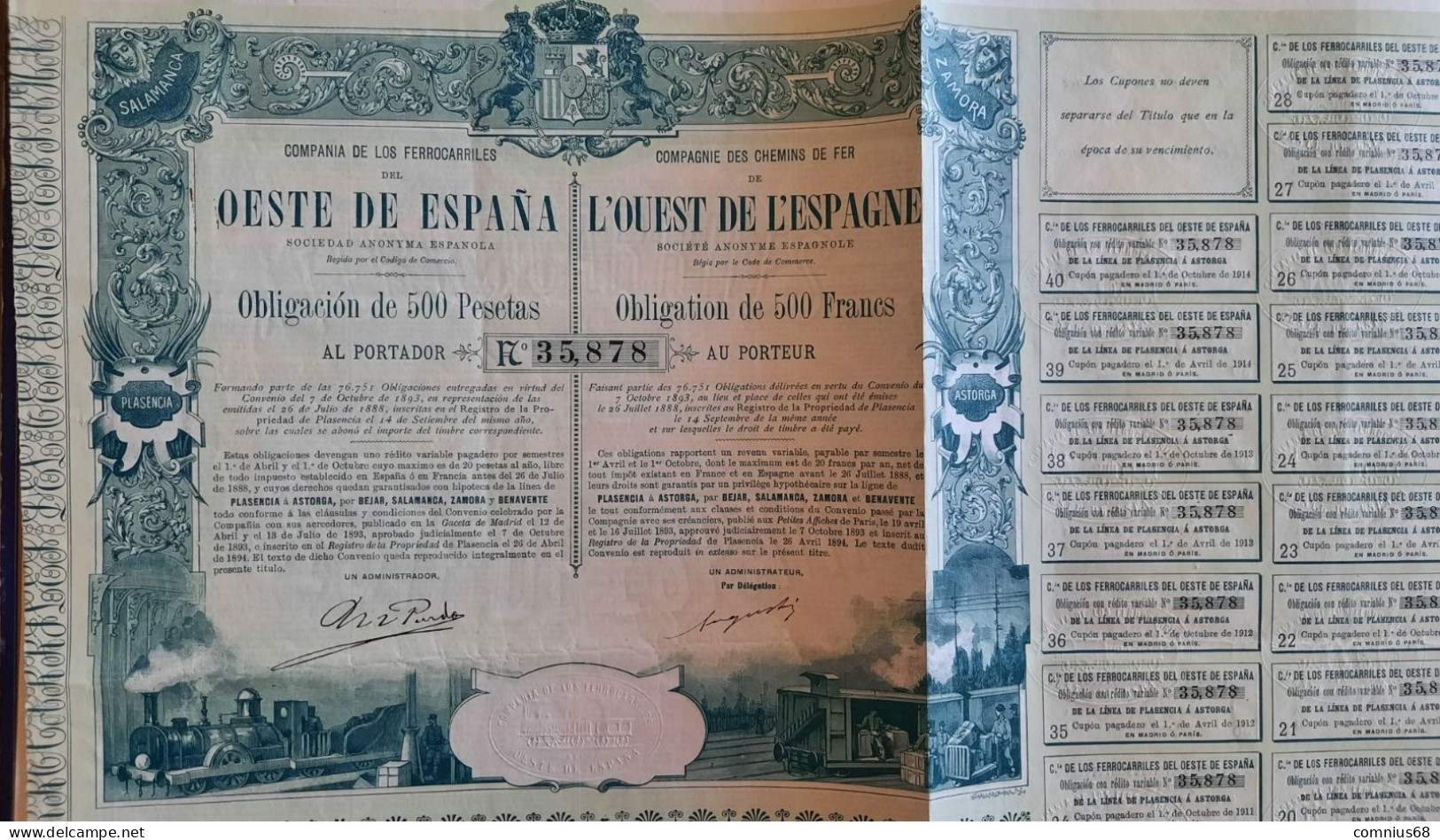 Obligation De 500 Francs - Compagnie Des Chemins De Fer De L'ouest De L'Espagne - 1894 - Chemin De Fer & Tramway