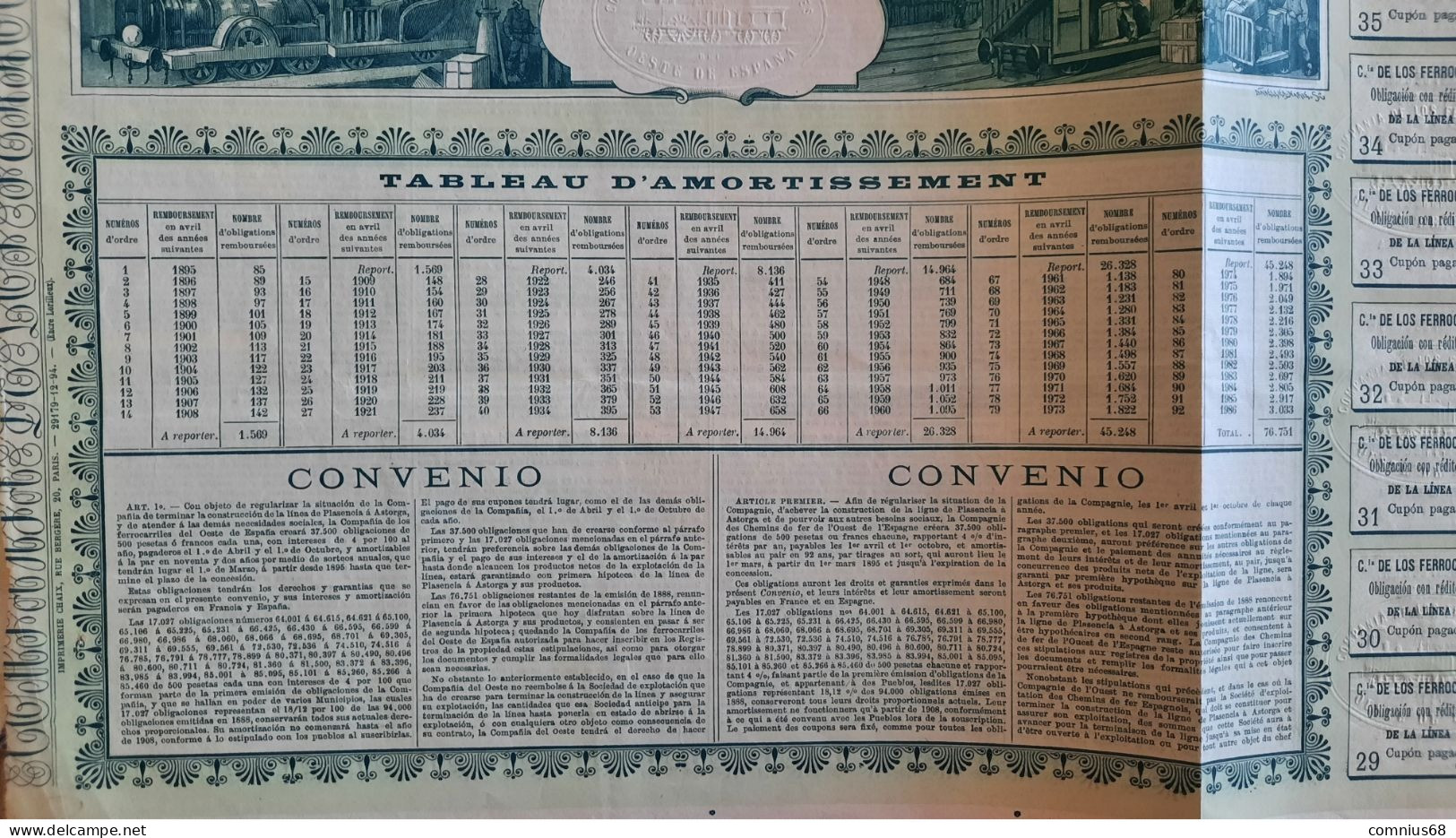 Obligation De 500 Francs - Compagnie Des Chemins De Fer De L'ouest De L'Espagne - 1894 - Chemin De Fer & Tramway