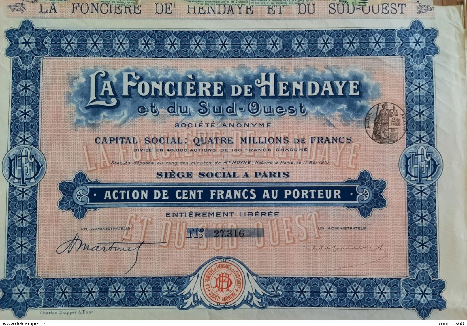 Action 100 Francs - La Foncière De Hendaye Et Du Sud Ouest - D - F