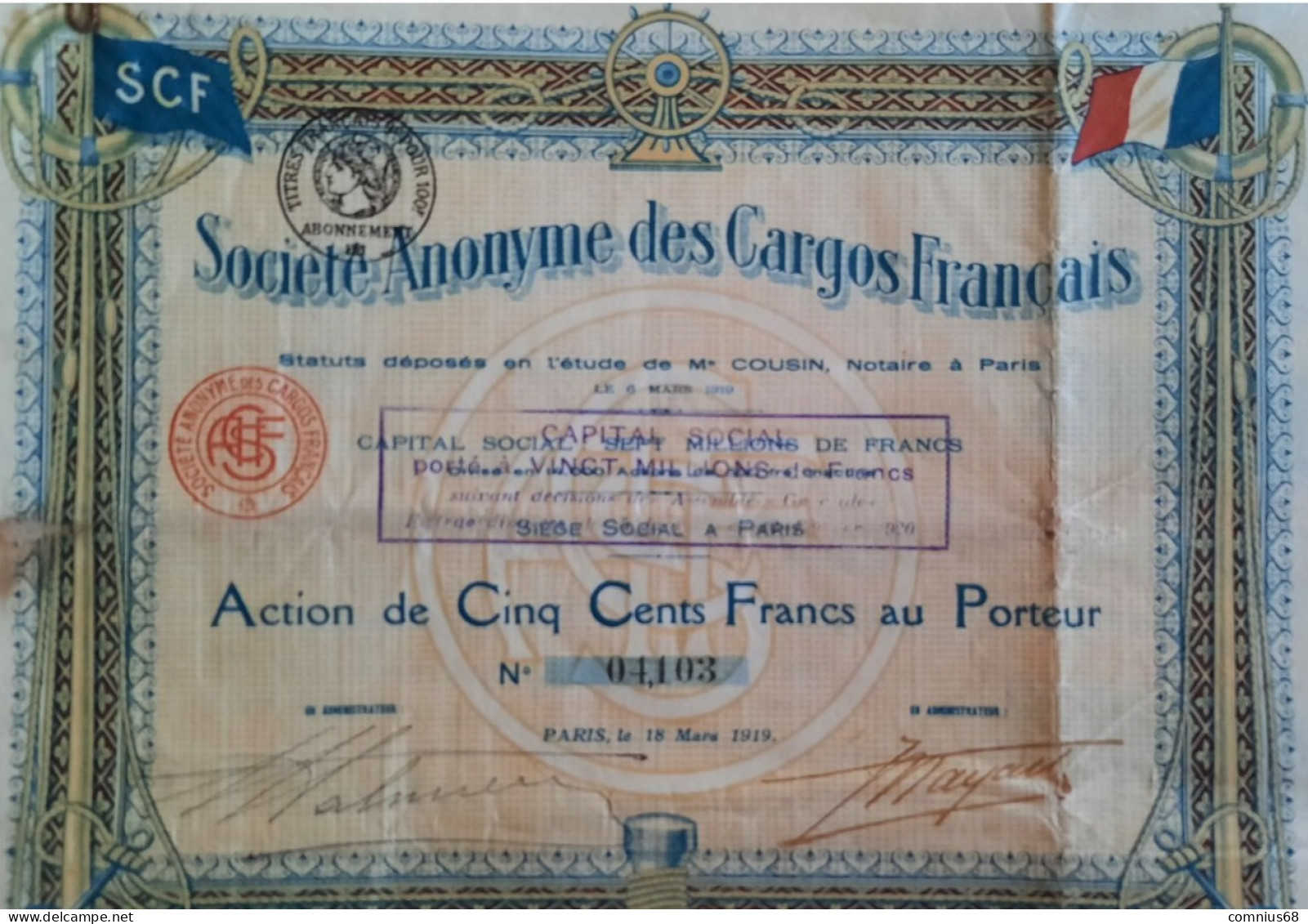 Action 500 Francs - 1919 - Société Anonyme Des Cargos Français - Note Comportant Des Renseignements Sur La Société - Navy