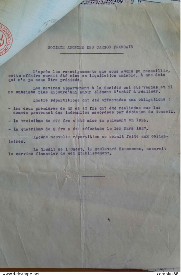 Action 500 Francs - 1919 - Société Anonyme Des Cargos Français - Note Comportant Des Renseignements Sur La Société - Navigation