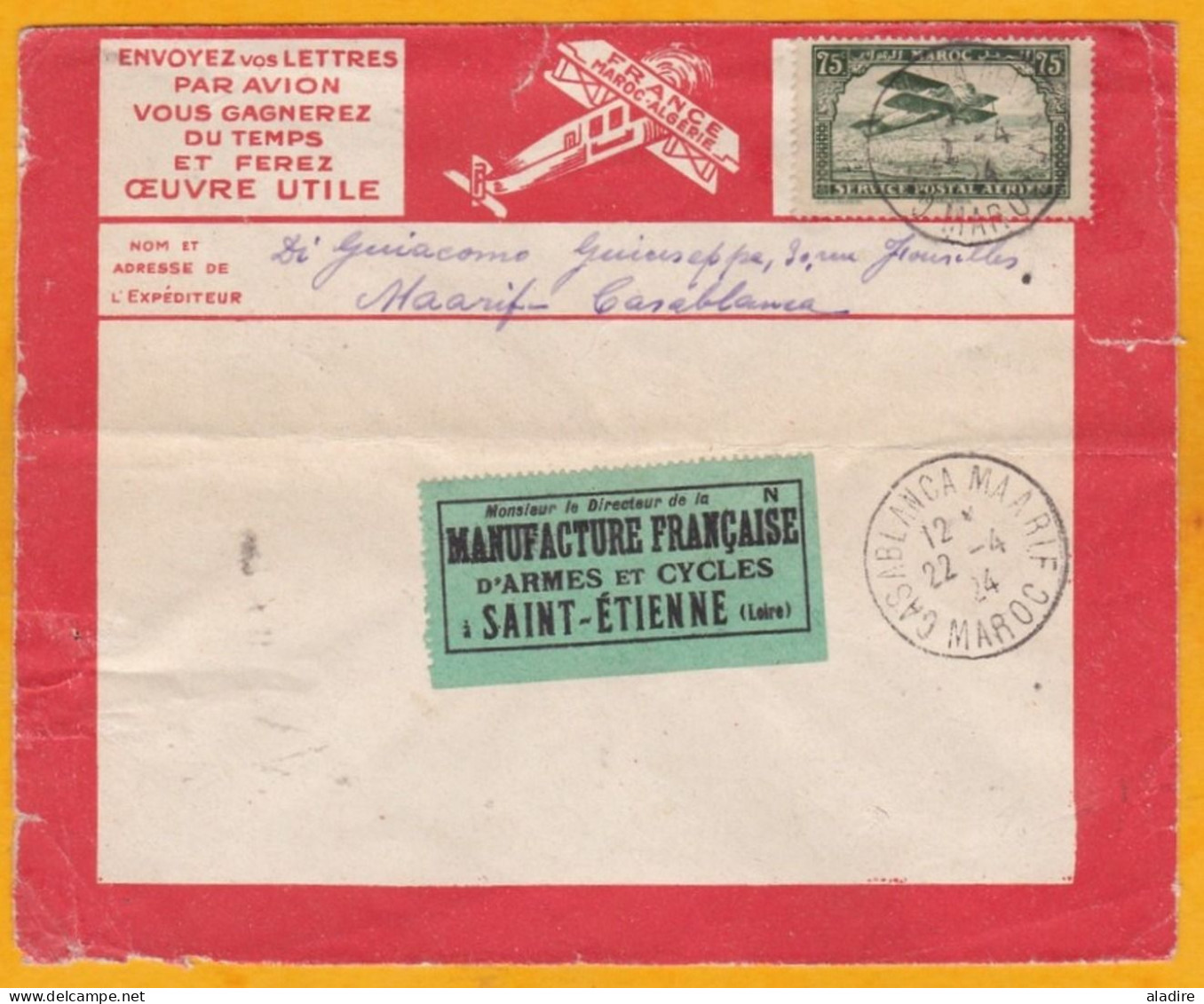 1924 - Enveloppe Par Avion Précurseur Lignes Aériennes Latécoère De Casablanca Maarif Vers Saint Etienne, France - Airmail
