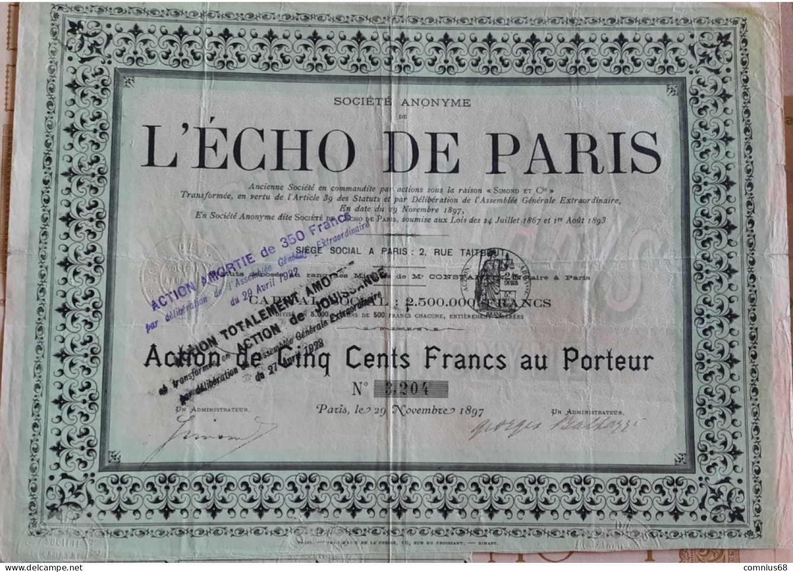 Action 500 Francs - 1897 - L'écho De Paris - D - F