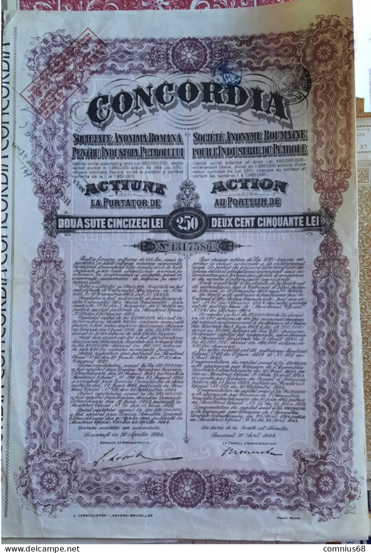 Action 250 Lei - Concordia - Société Anonyme Roumaine Pour L'industrie Du Pétrole - Pétrole