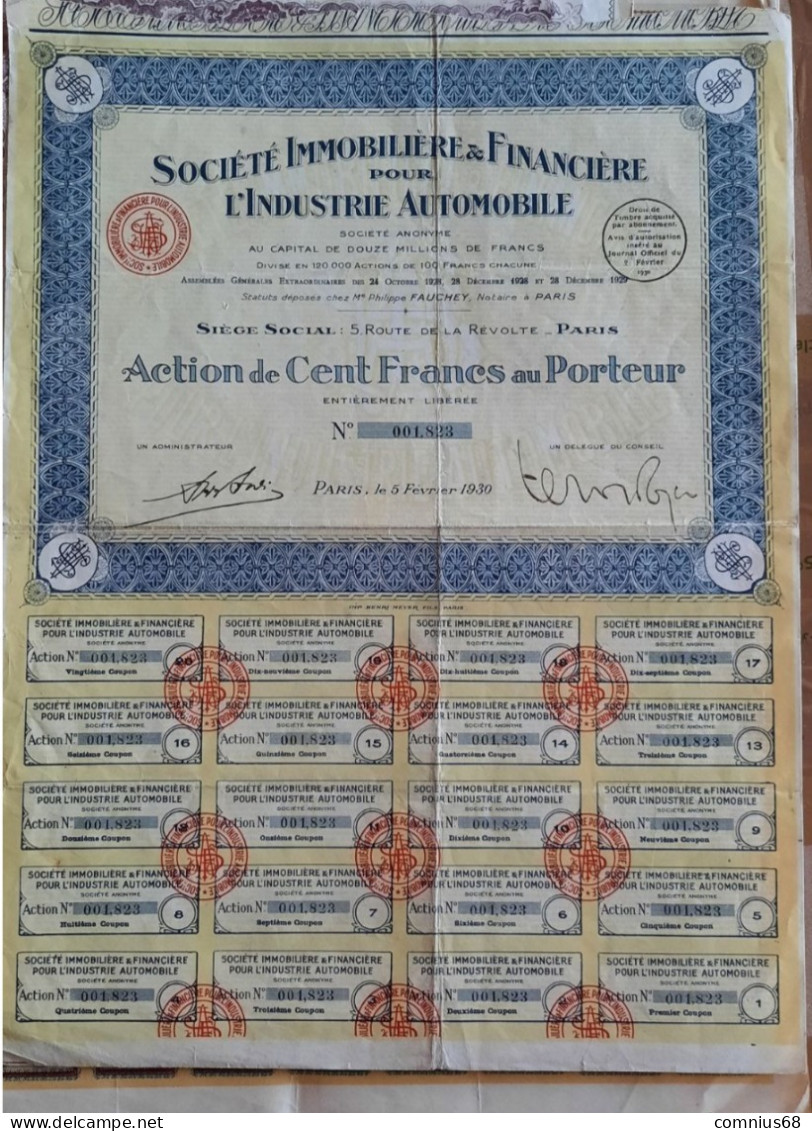 Action 100 Francs - 1930 - Société Immobilière Et Financière Pour L'industrie Automobile - Cars