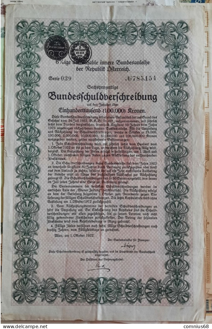 6% Innere Bundesanleihe Der Republik Österreich - 6% Emprunt Fédéral Interne De La République D'Autriche - 1922 - - Banque & Assurance