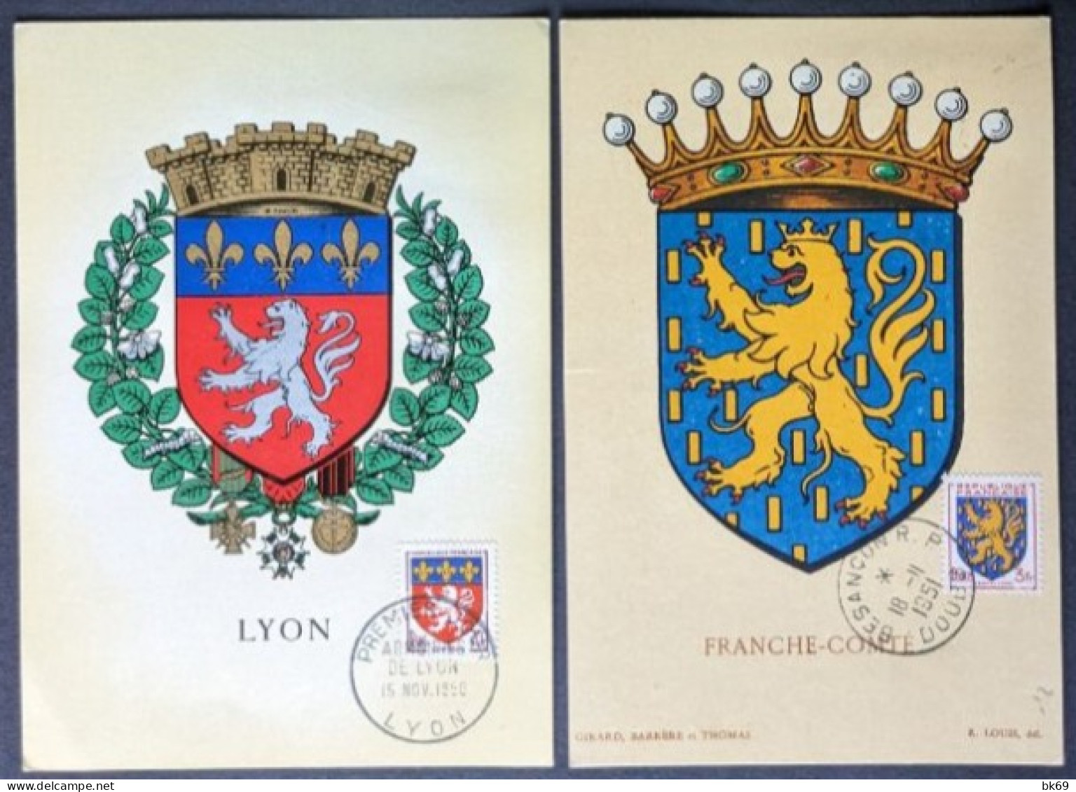 3+1 Carte Armoiries, Blasons : Lyon, Auch, Franche-comté, Mont De Marsan - 1950-1959