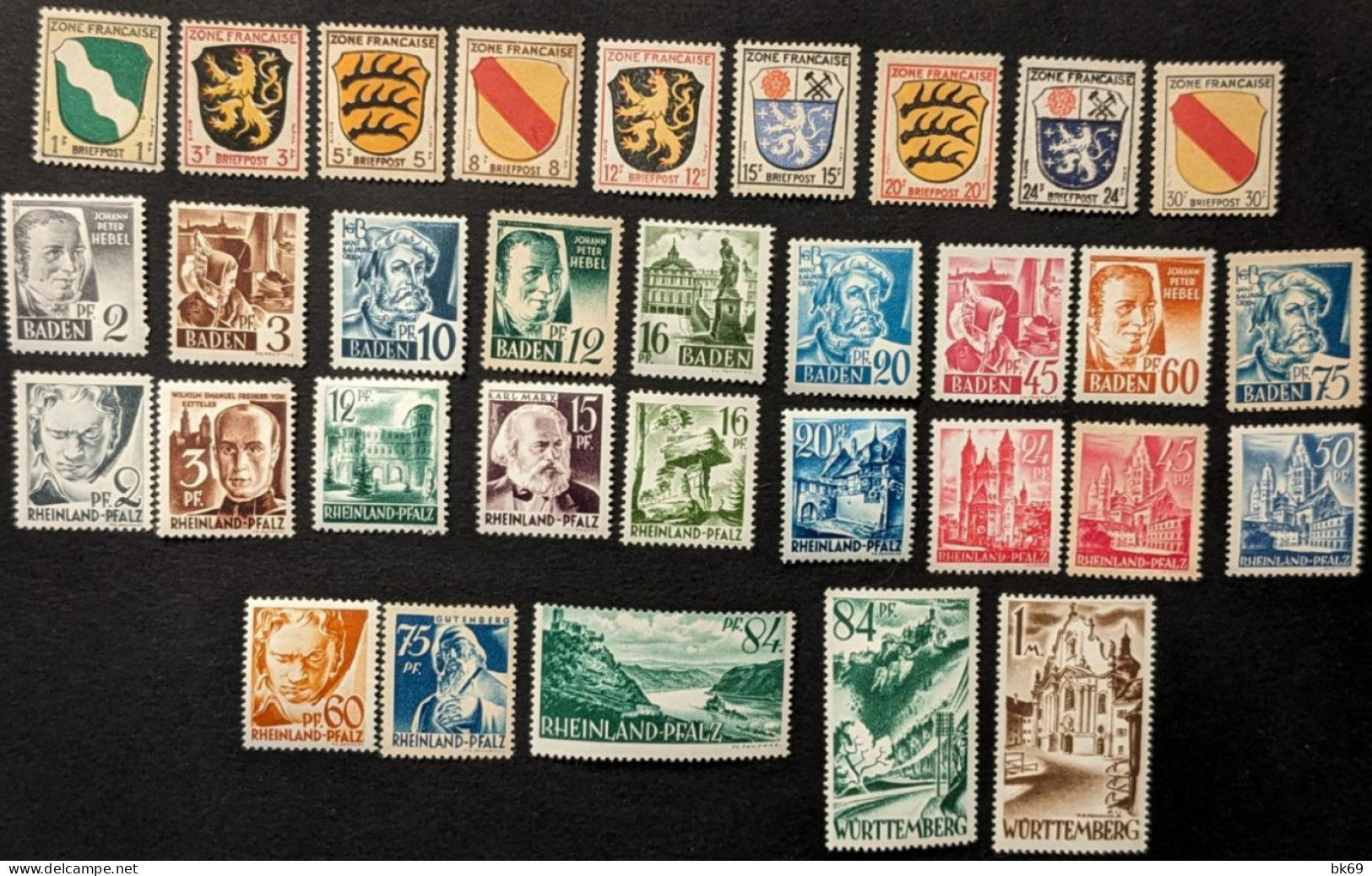 32 Timbres ** : Zone Fançaise. 1 à 10 Sauf 5, Baden Entre 1 Et 11, Rhénanie Entre 1 Et 14, Wurtemberg 13 & 14 - Wurtemberg