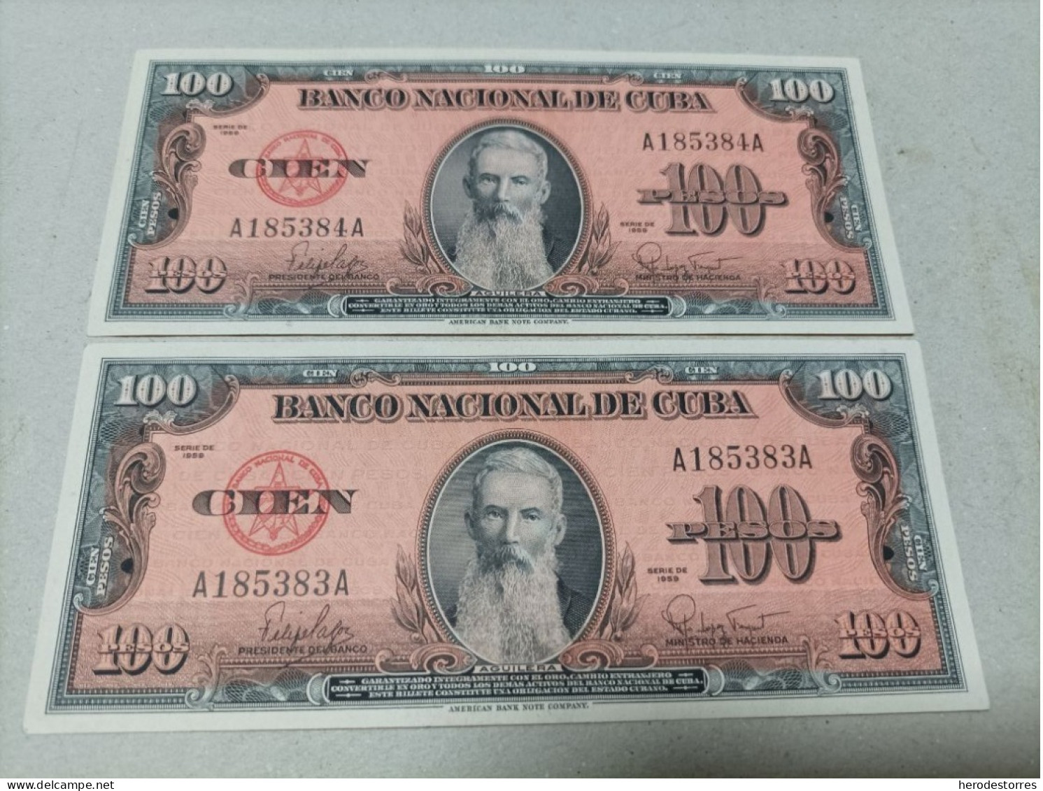 Pareja Correlativa De Cuba De 100 Pesos, Año 1959, Serie AA, AUNC - Cuba